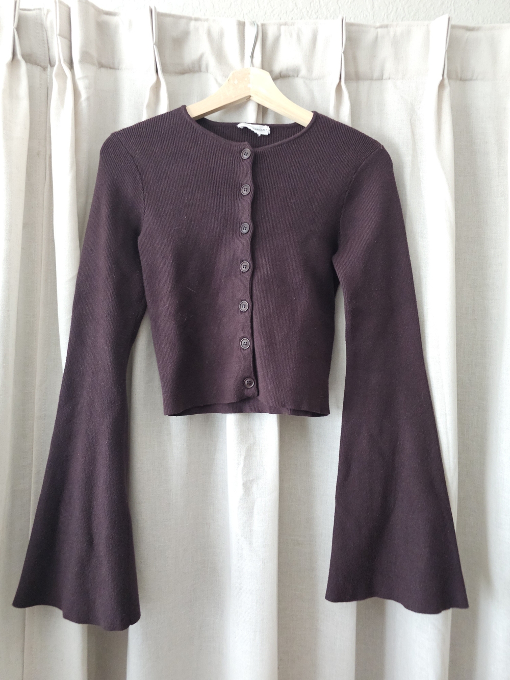 Good American Women's Rib Knit Bell Sleeve Cropped Cardigan Sweater Chocolate XS